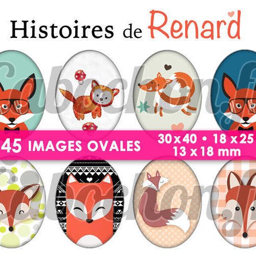 Histoires de renard ll ☆ 45 images digitales numériques ovales 30x40 18x25 et 13x18 mm page cabochons 