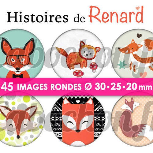 Histoires de renard ll ☆ 45 images digitales numériques rondes 30 25 et 20 mm page de collage digital pour cabochons 