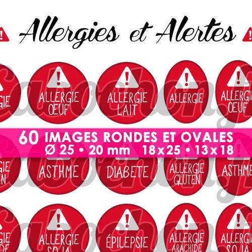 Allergies et alertes  ☆ 60 images digitales / numériques rondes 25 et 20 mm et ovales 18x25 et 13x18 mm page d'images pour 