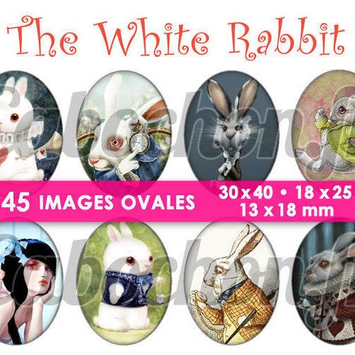 The white rabbit ☆ 45 images digitales numériques ovales 30x40 18x25 et 13x18 mm page cabochons 