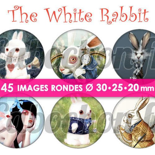 The white rabbit ☆ 45 images digitales numériques rondes 30 25 et 20 mm page de collage digital pour cabochons 