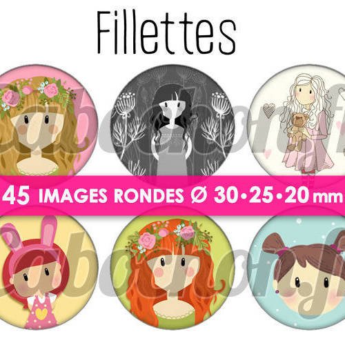 Fillettes ☆ 45 images digitales numériques rondes 30 25 et 20 mm page de collage digital pour cabochons 