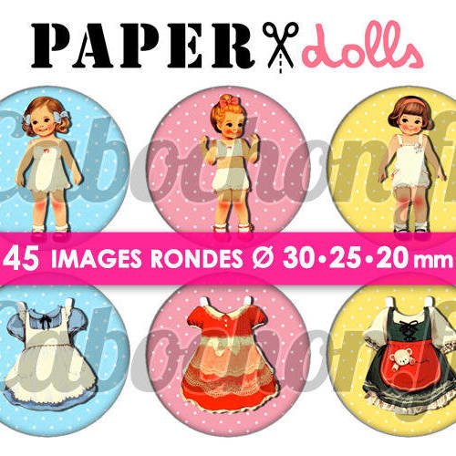 Paper dolls  ☆ 45 images digitales numériques rondes 30 25 et 20 mm page de collage digital pour cabochons 