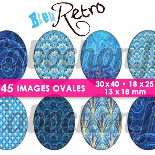 Bleu retro ☆ 45 images digitales numériques ovales 30x40 18x25 et 13x18 mm page cabochons 