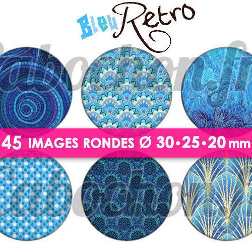 Bleu retro ☆ 45 images digitales numériques rondes 30 25 et 20 mm page de collage digital pour cabochons 