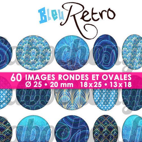 Bleu retro ☆ 60 images digitales / numériques rondes 25 et 20 mm et ovales 18x25 et 13x18 mm page d'images pour cabochons à imprimer 