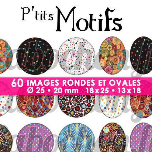 P'tits motifs ll ☆ 60 images digitales / numériques rondes 25 et 20 mm et ovales 18x25 et 13x18 mm page d'images pour cabochons à imprimer 