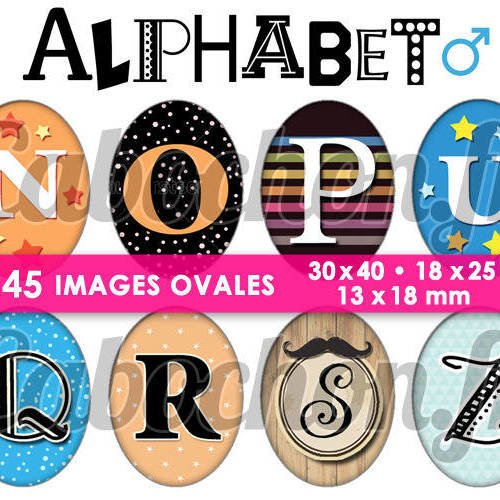 Alphabet lv ☆ 45 images digitales numériques ovales 30x40 18x25 et 13x18 mm page digitale cabochons 