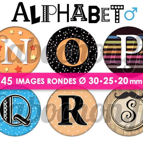 Alphabet lv ☆ 45 images digitales numériques rondes 30 25 et 20 mm page de collage digital pour cabochons 