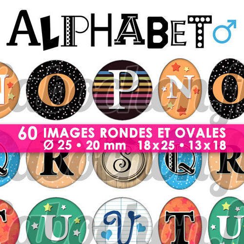 Alphabet lv ☆ 60 images digitales / numériques rondes 25 et 20 mm et ovales 18x25 et 13x18 mm page d'images pour cabochons à imprimer 