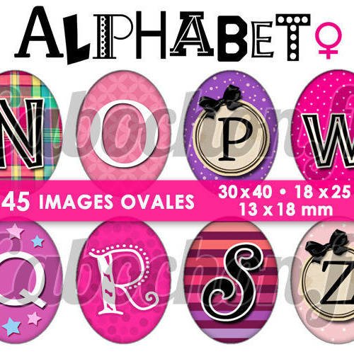 Alphabet lll ☆ 45 images digitales numériques ovales 30x40 18x25 et 13x18 mm page digitale cabochons 