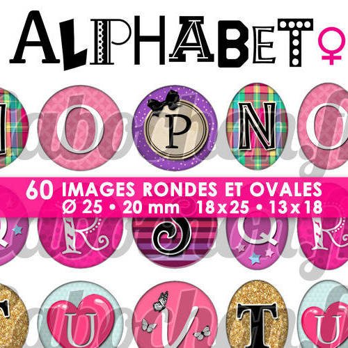 Alphabet lll ☆ 60 images digitales / numériques rondes 25 et 20 mm et ovales 18x25 et 13x18 mm page d'images pour cabochons à imprimer 