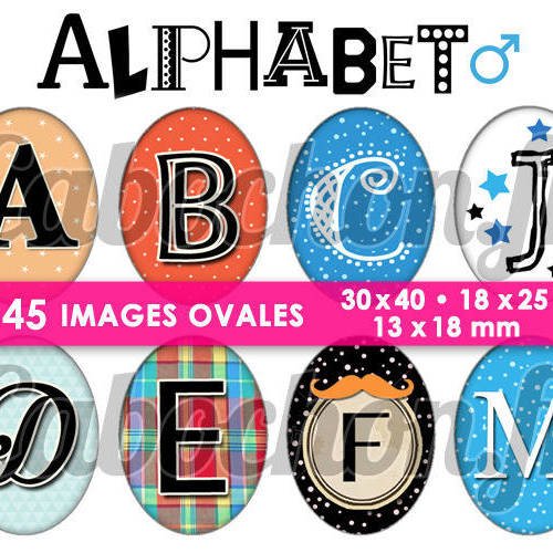 Alphabet ll ☆ 45 images digitales numériques ovales 30x40 18x25 et 13x18 mm page digitale cabochons 