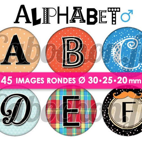 Alphabet ll ☆ 45 images digitales numériques rondes 30 25 et 20 mm page de collage digital cabochons 