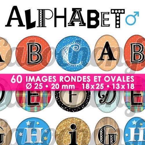 Alphabet ll ☆ 60 images digitales / numériques rondes 25 et 20 mm et ovales 18x25 et 13x18 mm page d'images pour cabochons à imprimer 