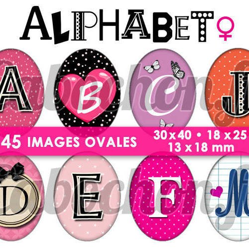 Alphabet l ☆ 45 images digitales numériques ovales 30x40 18x25 et 13x18 mm page digitale pour cabochons 