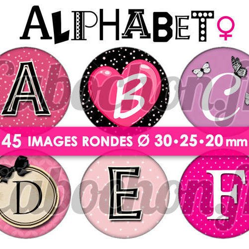 Alphabet l ☆ 45 images digitales numériques rondes 30 25 et 20 mm page de collage digital pour cabochon 