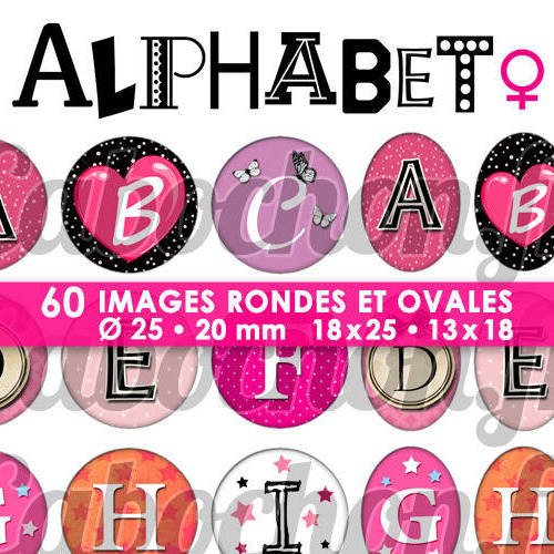 Alphabet l ☆ 60 images digitales / numériques rondes 25 et 20 mm et ovales 18x25 et 13x18 mm page d'images pour cabochons à imprimer 