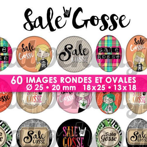 Sale gosse ☆ 60 images digitales numériques rondes 25 et 20 mm et ovales 18x25 et 13x18 mm page d'images pour cabochons 