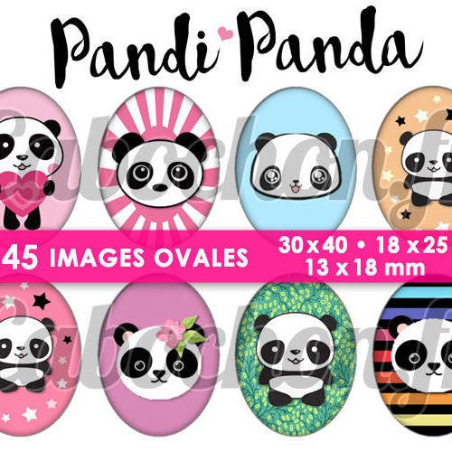 Pandi panda ☆ 45 images digitales numériques ovales 30x40 18x25 et 13x18 mm page digitale pour cabochons 