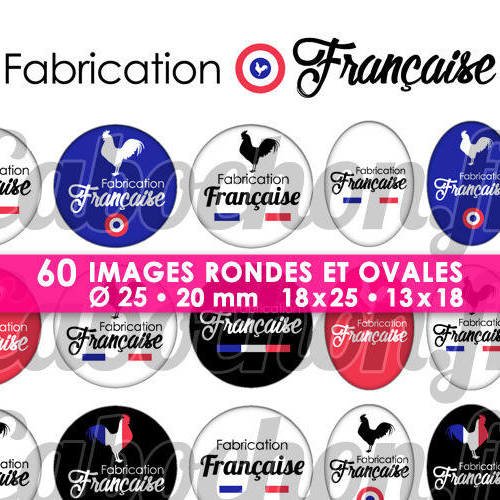 Fabrication française ☆ 60 images digitales numériques rondes 25 et 20 mm et ovales 18x25 et 13x18 mm page d'images pour cabochons 