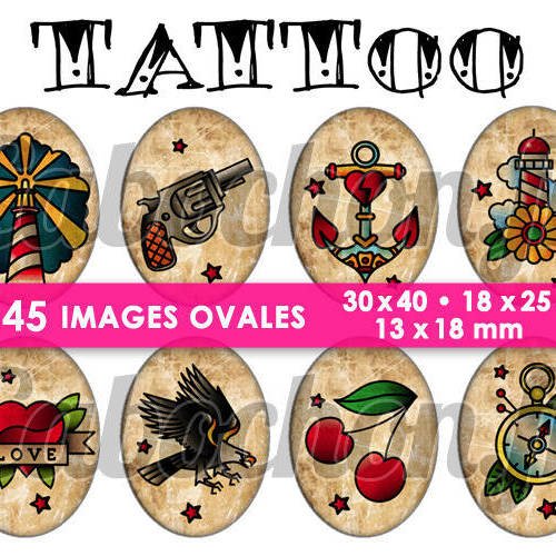 Tattoo lll ☆ 45 images digitales numériques ovales 30x40 18x25 et 13x18 mm page digitale pour cabochons 