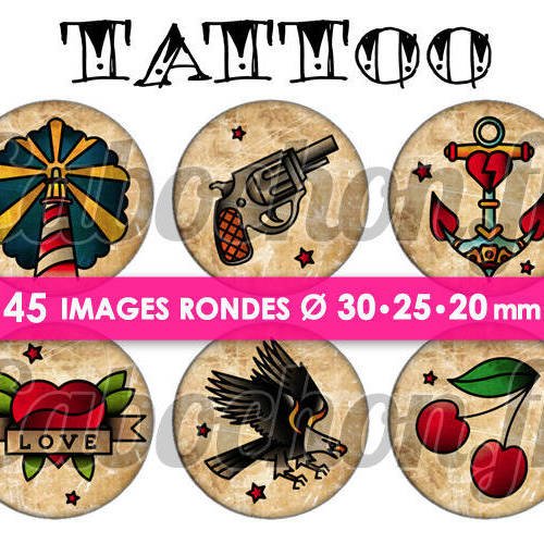 Tattoo lll ☆ 45 images digitales numériques rondes 30 25 et 20 mm page de collage digital pour cabochons 