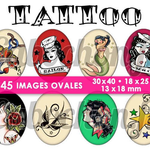 Tattoo ll ☆ 45 images digitales numériques ovales 30x40 18x25 et 13x18 mm page digitale pour cabochons 