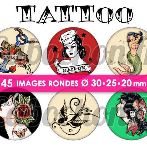Tattoo ll ☆ 45 images digitales numériques rondes 30 25 et 20 mm page de collage digital pour cabochons 