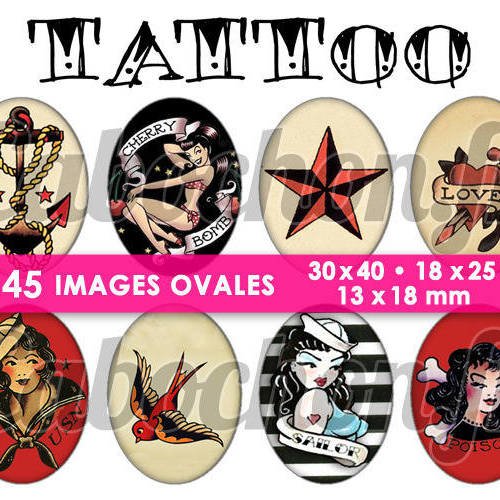 Tattoo ☆ 45 images digitales numériques ovales 30x40 18x25 et 13x18 mm page digitale pour cabochons 