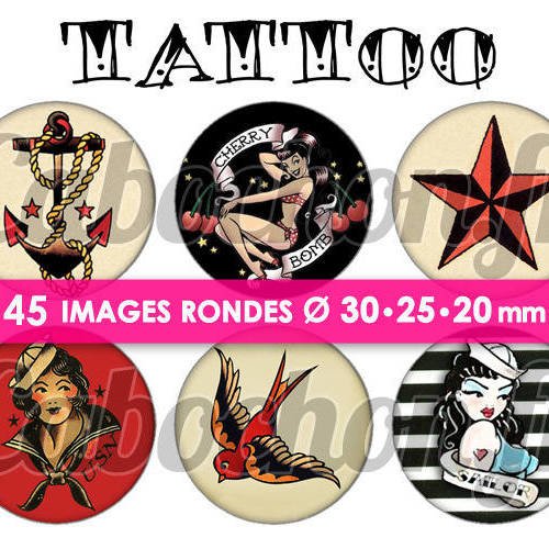 Tattoo ☆ 45 images digitales numériques rondes 30 25 et 20 mm page de collage digital pour cabochons 
