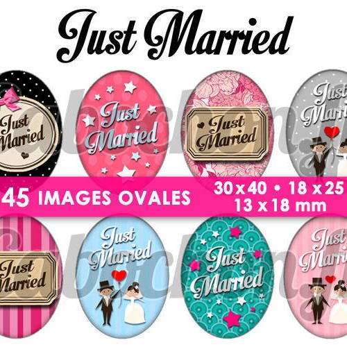 Just married ☆ 45 images digitales numériques ovales 30x40 18x25 et 13x18 mm page digitale pour cabochons 