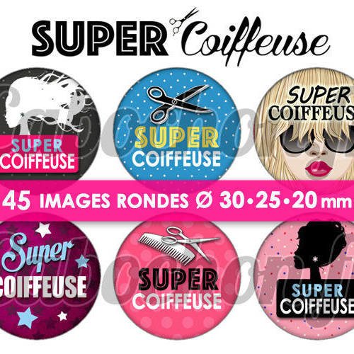 Super coiffeuse ☆ 45 images digitales numériques rondes 30 25 et 20 mm page de collage digital pour cabochons 