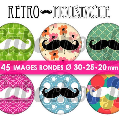 Retro moustache ll ☆ 45 images digitales numériques rondes 30 25 et 20 mm page de collage digital pour cabochons 
