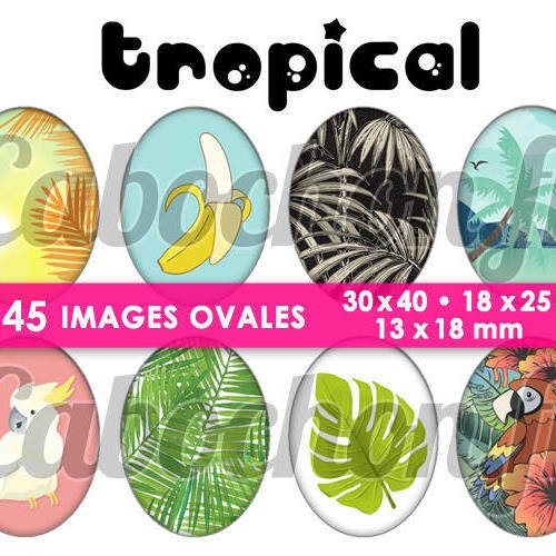 Tropical ☆ 45 images digitales numériques ovales 30x40 18x25 et 13x18 mm page digitale pour cabochons 