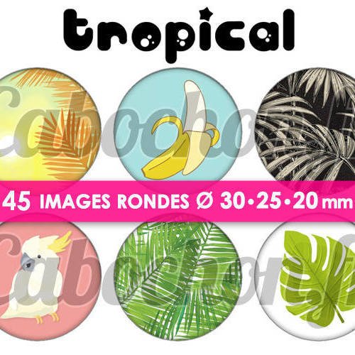 Tropical ☆ 45 images digitales numériques rondes 30 25 et 20 mm page de collage digital pour cabochons 