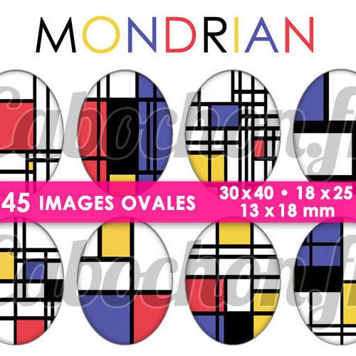 Mondrian ☆ 45 images digitales numériques ovales 30x40 18x25 et 13x18 mm page digitale pour cabochons 