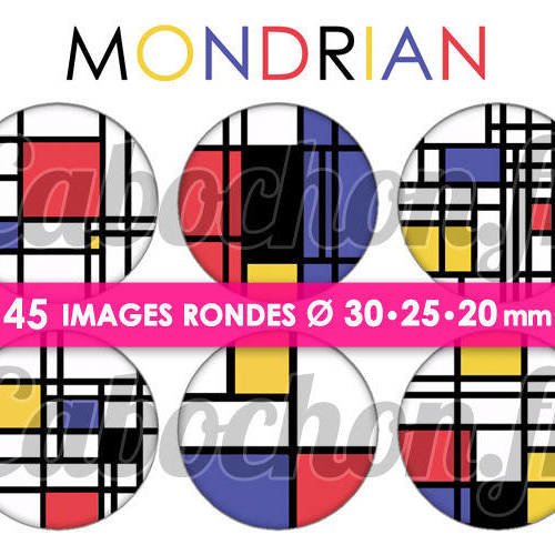 Mondrian ☆ 45 images digitales numériques rondes 30 25 et 20 mm page de collage digital pour cabochons 