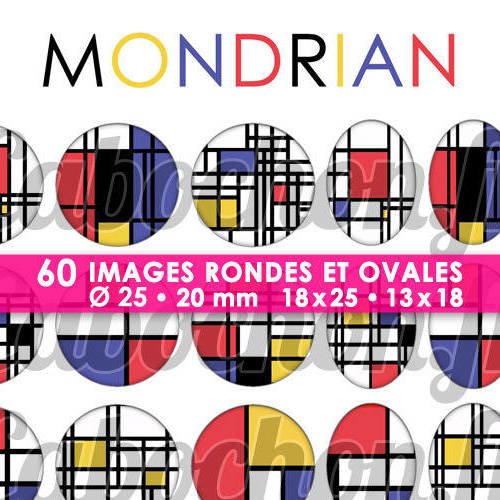 Mondrian ☆ 60 images digitales numériques rondes 25 et 20 mm et ovales 18x25 et 13x18 mm page d'images pour cabochons 