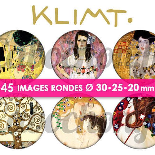 Klimt ☆ 45 images digitales numériques rondes 30 25 et 20 mm page de collage digital pour cabochons 