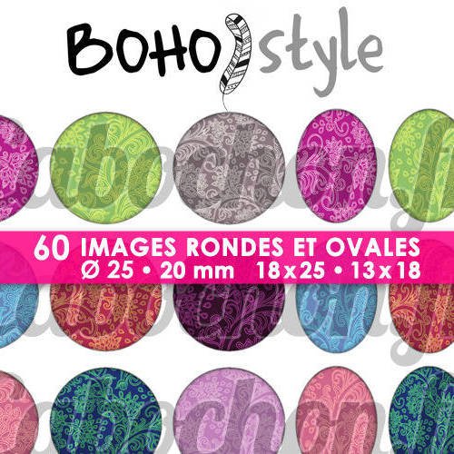 Boho style ☆ 60 images digitales numériques rondes 25 et 20 mm et ovales 18x25 et 13x18 mm page d'images pour cabochons 