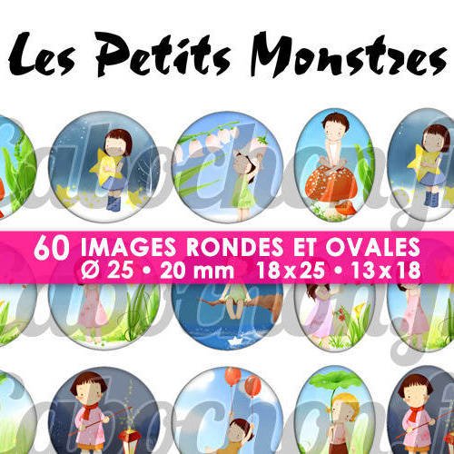 ☆ 60 images digitales / numériques rondes 25 et 20 mm et ovales 18x25 et 13x18 mm ° les petits monstres ° - page d'images pour cabochons 