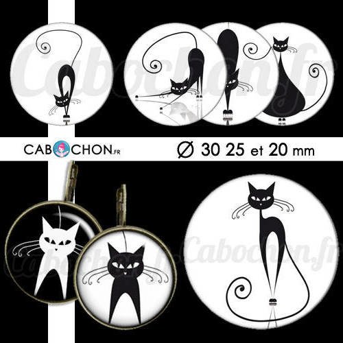 Chat noir chat blanc ☆ 45 images digitales rondes 30 25 et 20 mm ombre silhouette page cabochons cabochon miroirs badges 