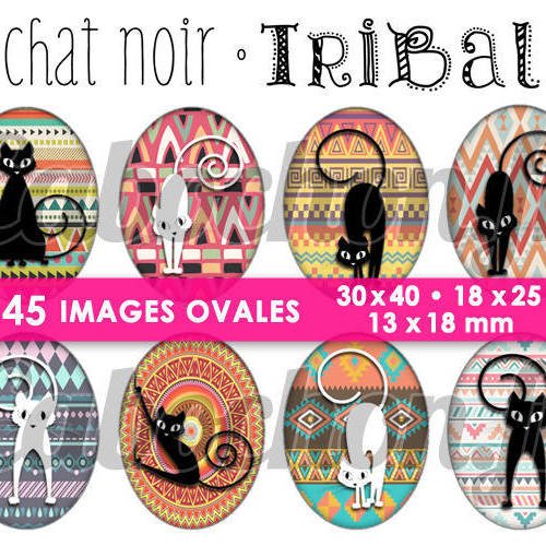 ☆ 45 images digitales / numériques ovales 30x40 18x25 et 13x18 mm ° chat noir • tribal ° - page digitale pour cabochons 