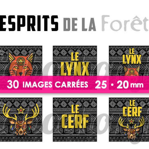 ☆ 30 images digitales / numériques carrees 25 et 20 mm ° esprits de la forêt ll ° - page digitale de cabochons à imprimer 