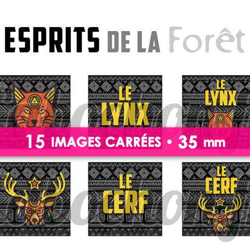 ☆ 15 images digitales / numériques carrees 35 mm ° esprits de la forêt ll ° - page digitale de cabochons à imprimer 