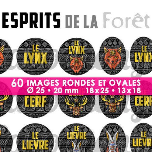 ☆ 60 images digitales / numériques rondes 25 et 20 mm et ovales 18x25 et 13x18 mm ° esprits de la forêt ll ° - page d'images pour cabochons 