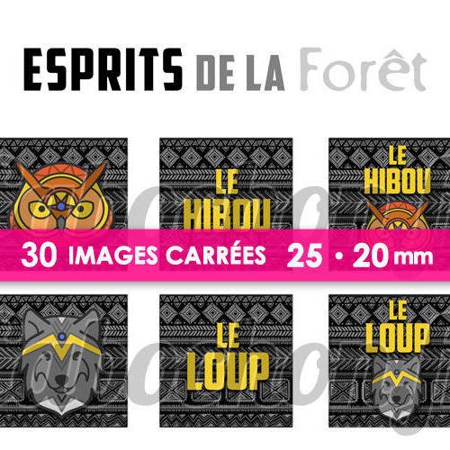 ☆ 30 images digitales / numériques carrees 25 et 20 mm ° esprits de la forêt ° - page digitale de cabochons à imprimer 