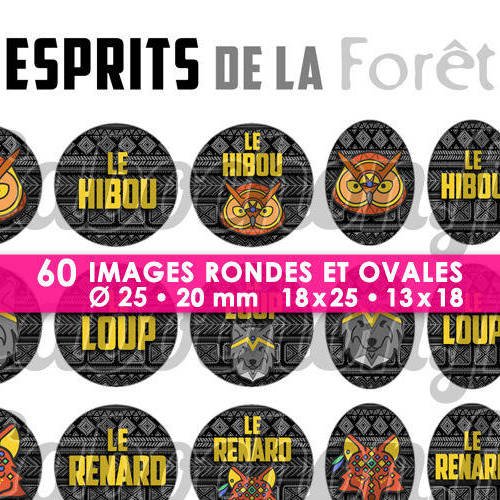 ☆ 60 images digitales / numériques rondes 25 et 20 mm et ovales 18x25 et 13x18 mm ° esprits de la forêt ° - page d'images pour cabochons 