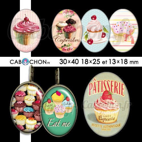 Les cupcakes ☆ 45 images digitales ovales 30x40 18x25 et 13x18 mm cupcake gateau muffin macaron page cabochons cabochon 